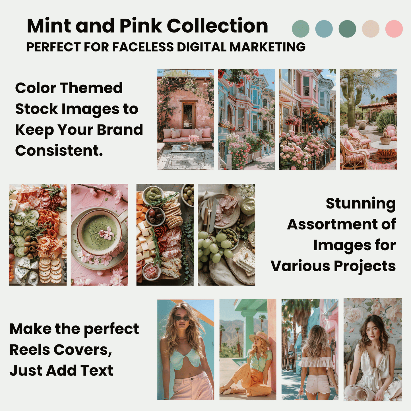 150 Mint and Pink AI Stock Image Collection for Faceless Marketing with MRR and PLR