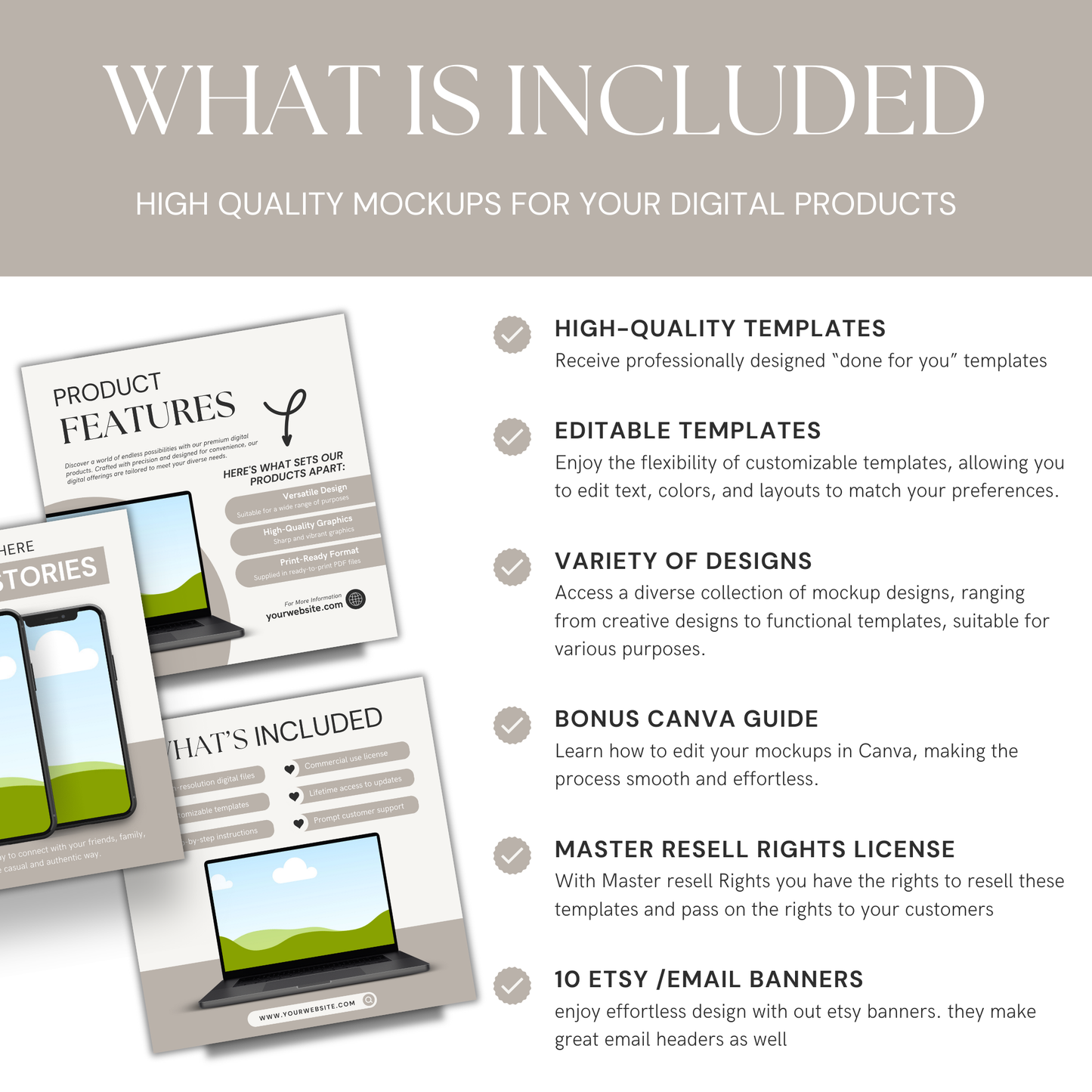 Neutral Beige Done for You Mockup Templates for Digital Products with MRR and PLR with Bonus