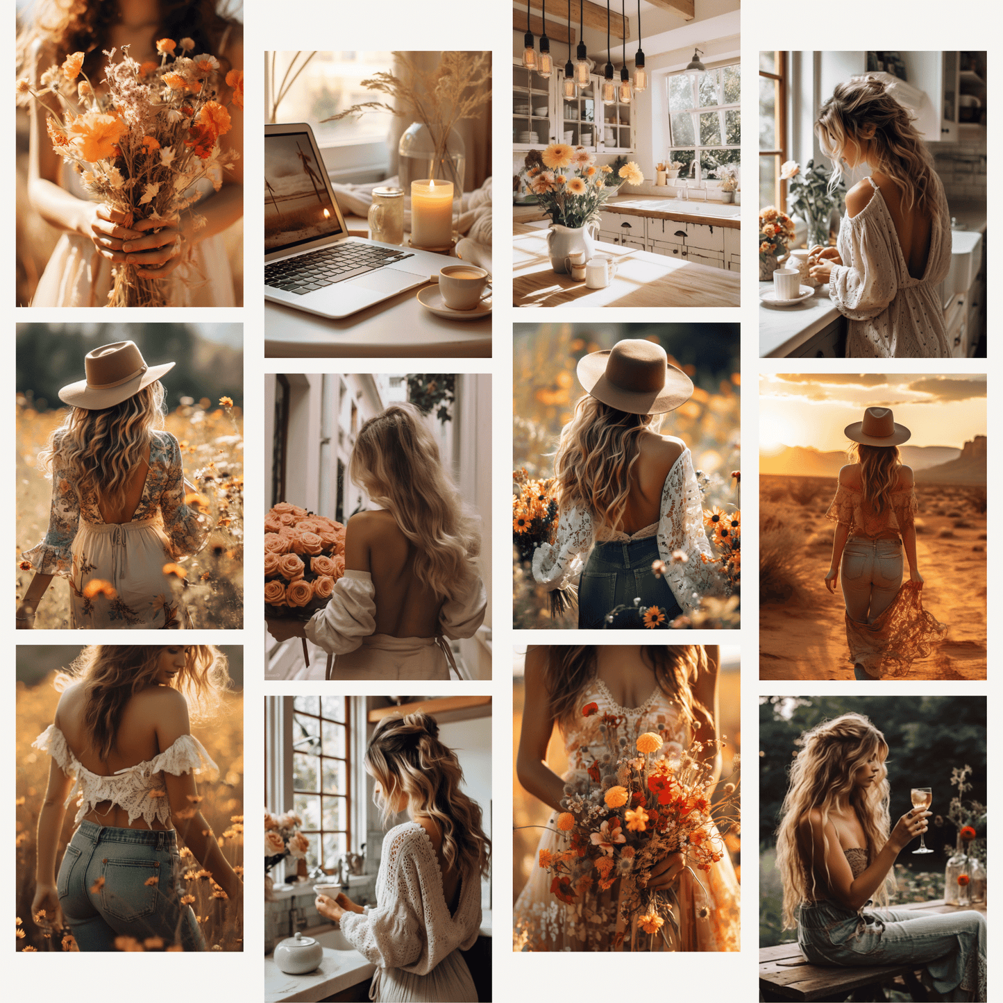 gorgeous stock images generated by Ai. Golden Sunset Collection. Beautiful hues of orange, red, yellow, beige, blues. Women holding flowers, at home in a cozy kitchen, roaming the desert at sunset, drinking wine, rustic and feminine