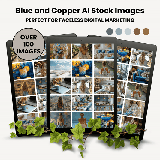 Over 100 Blue and Copper AI Stock Image Collection for Faceless Marketing with MRR and PLR