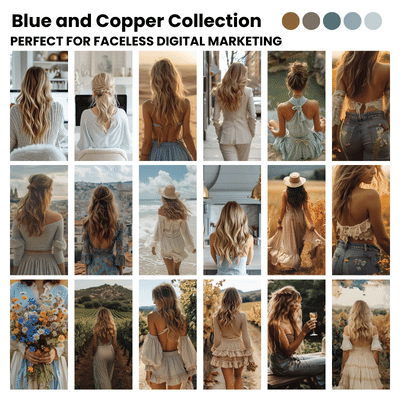 Over 100 Blue and Copper AI Stock Image Collection for Faceless Marketing with MRR and PLR