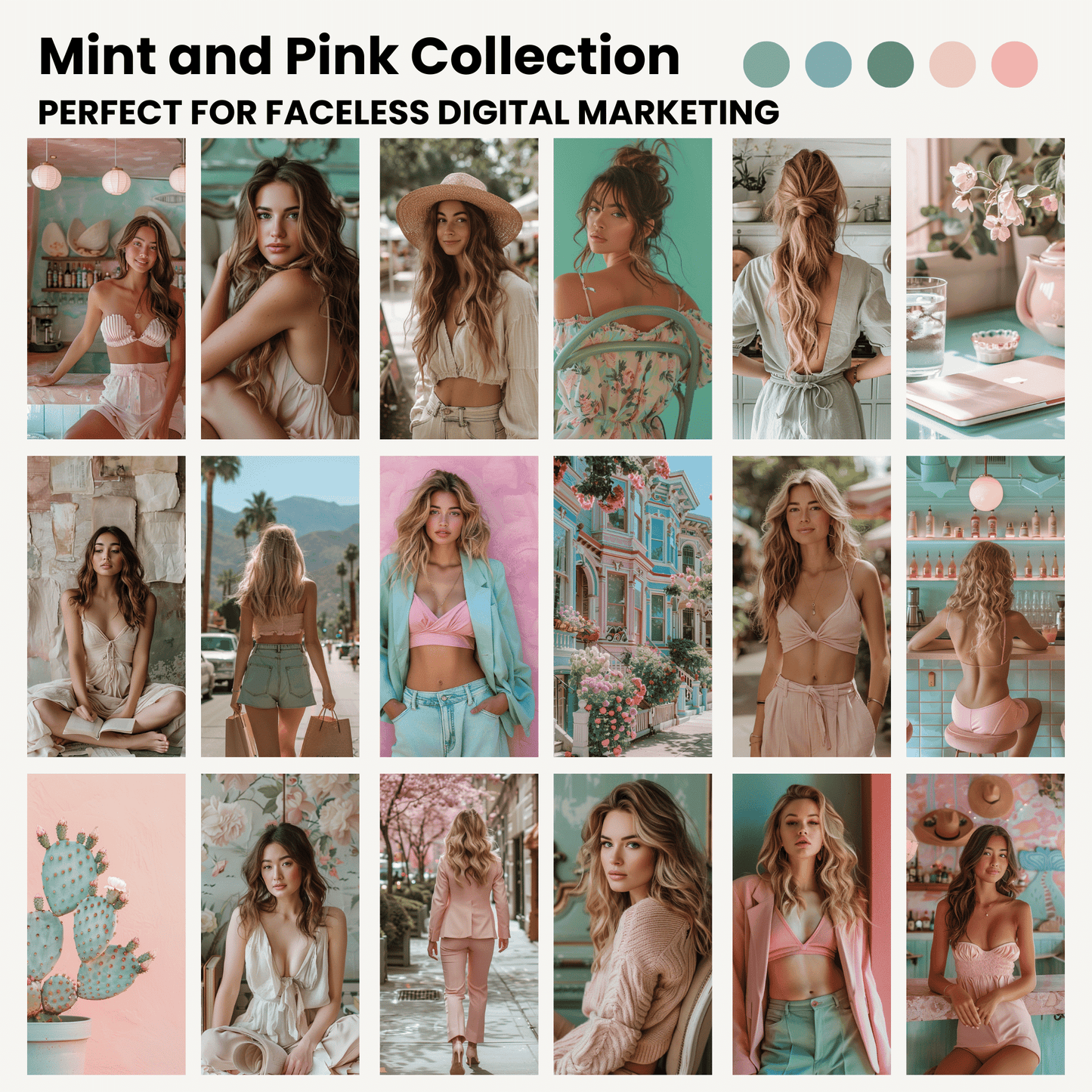 150 Mint and Pink AI Stock Image Collection for Faceless Marketing with MRR and PLR