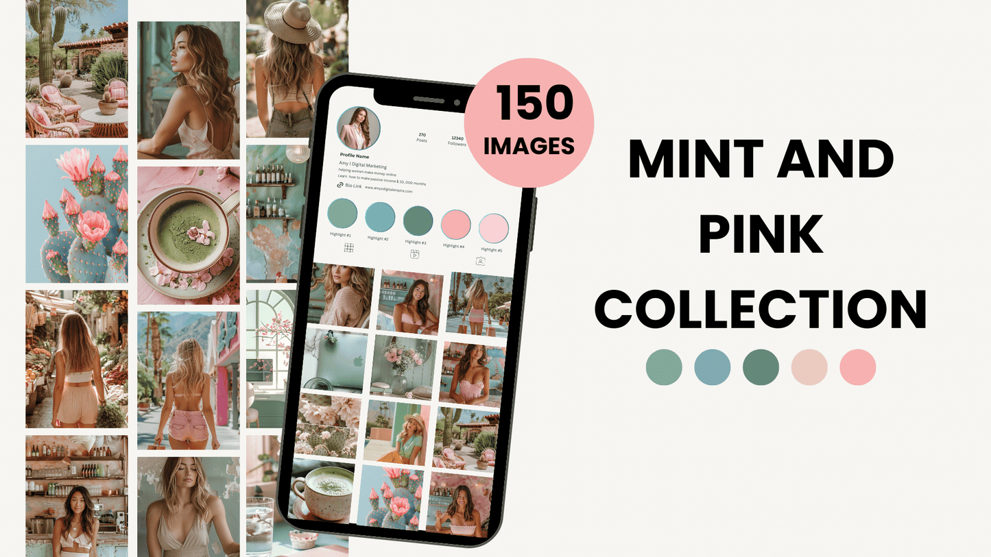 150 Mint and Pink AI Stock Image Collection for Faceless Marketing with MRR and PLR